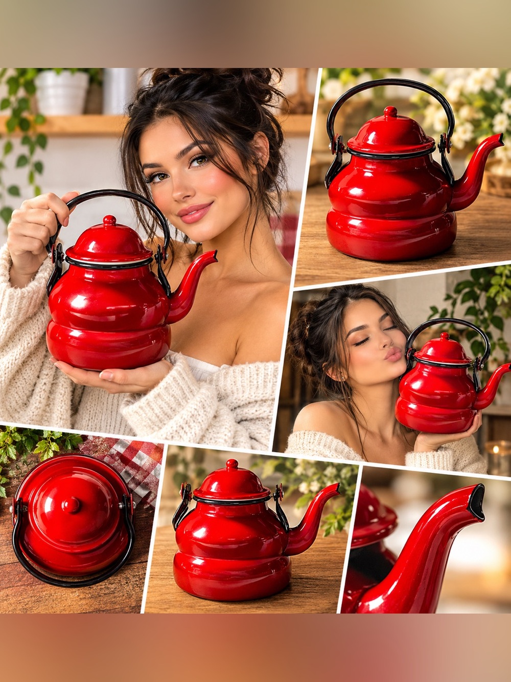 Vintage Glossy Red Enamel Kettle with Black Handle – Retro Kitchen Decor Teapot